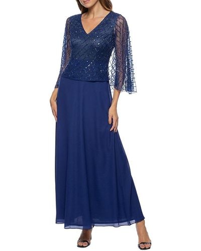 Marina Capelet Beaded A Line Gown - Blue