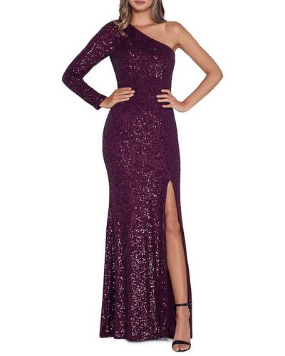 Xscape Sequin One Shoulder Slit Gown - Purple
