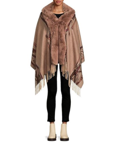 La Fiorentina Faux Fur Trim & Wool Fringed Wrap - Natural