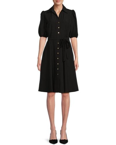 Sharagano Puff Sleeve Belted Shirt Dress - Black