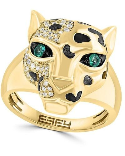 Effy 14k Yellow Gold, Diamond & Emerald Panther Ring - Metallic