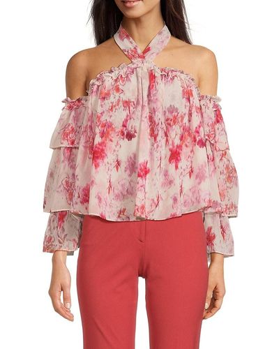 MISA Los Angles Ditte Floral Ruffle Cold Shoulder Top - Red