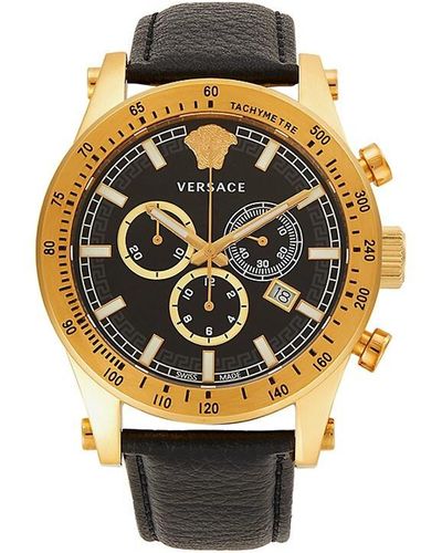 Versace 44Mm Goldtone Stainless Steel & Leather Strap Chronograph Watch - Metallic