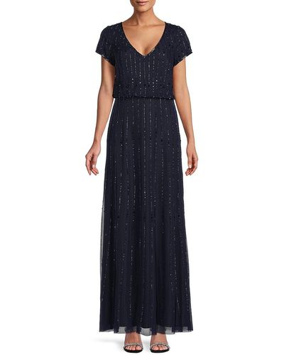 Adrianna Papell Beaded Striped Blouson Gown - Blue