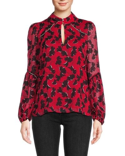 Tommy Hilfiger Floral Keyhole Long Sleeve Top - Red