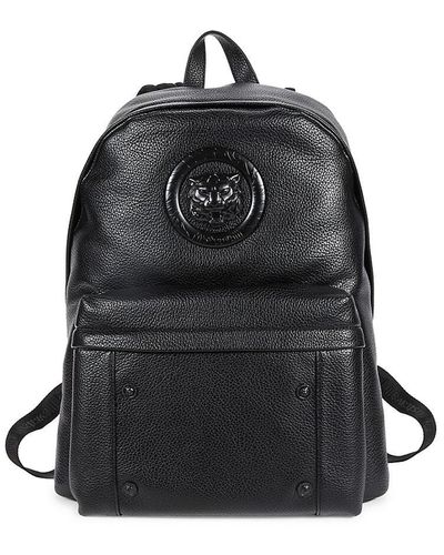 Just Cavalli Logo Textured Leather Backpack - Black