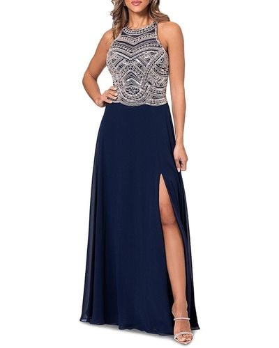 Betsy & Adam Chiffon Beaded A Line Gown - Blue