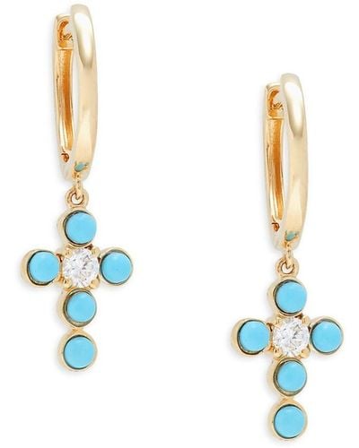 Saks Fifth Avenue 14k Yellow Gold, Turquoise & Diamond Cross Dangle Earrings - White