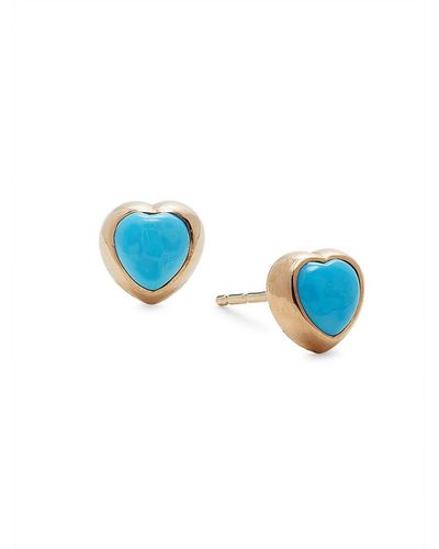 Anzie Dew Drop Amour 14k Yellow Gold & Turquoise Heart Stud Earrings - Blue