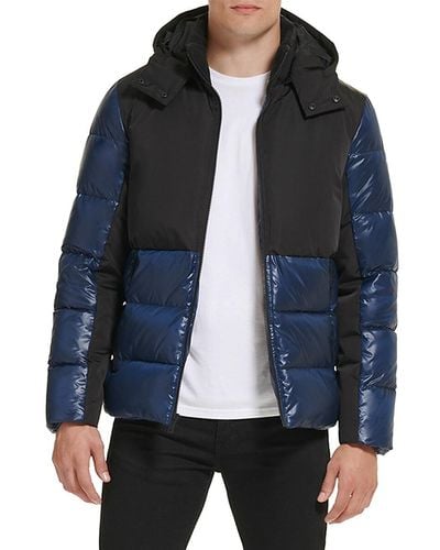 Kenneth Cole Channel Quilted Hooded Puffer Jacket - Blue