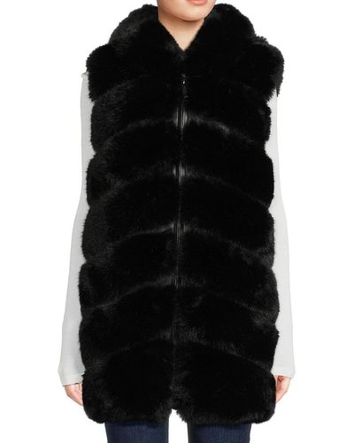 Belle Fare Chevron Faux Fur Longline Hooded Vest - Black