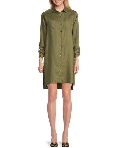 Saks Fifth Avenue 100% Linen Side Slit Shirt Dress - Green