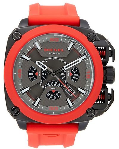 DIESEL Bamf 52mm Stainless Steel Case & Silicone Strap Chronograph Watch - Red