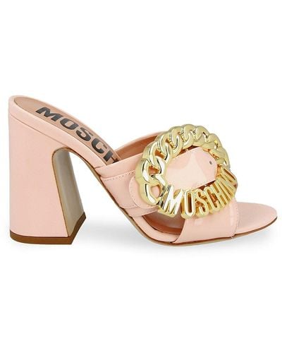 Moschino Logo Patent Leather Flare Heel Sandals - Pink