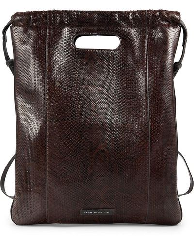 Brunello Cucinelli Python Leather Drawstring Backpack - Black