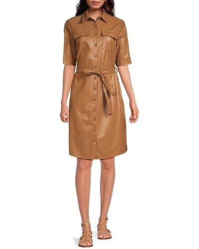 Calvin Klein Belted Faux Leather Shirtdress - Natural