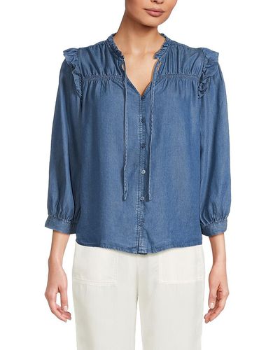 Saks Fifth Avenue 'Long Flutter Sleeve Chambray Button Down Shirt - Blue