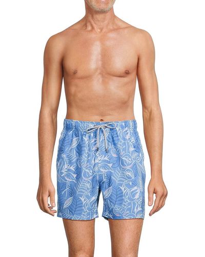 Vintage Summer Tropical Print Drawstring Swim Shorts - Blue