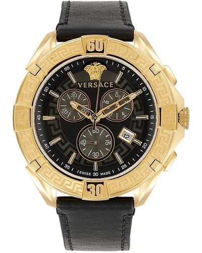 Versace V-greca 46mm Goldtone Stainless Steel & Leather Strap Chronograph Watch - Metallic