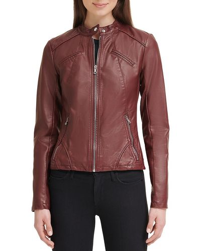 Guess Band Collar Faux Leather Jacket - Red