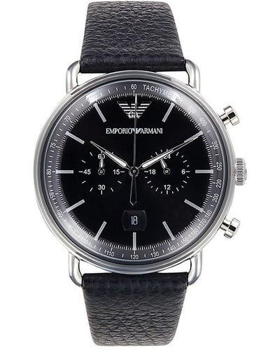 Emporio Armani Stainless Steel & Leather-strap Chronograph Watch - Black