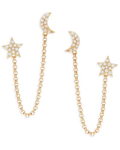 Saks Fifth Avenue Saks Fifth Avenue 14K & 0.115 Tcw Diamond Star & Moon Chain Double Piercing Earrings - White