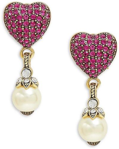 Heidi Daus Goldtone Rhinestone & Glass Pearl Heart Drop Earrings - Purple