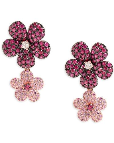 Effy 14k Rose Gold, Ruby, Pink Sapphire & Diamond Flower Drop Earrings