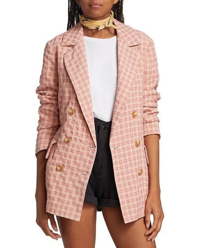 Free People Olivia Gingham Double Breasted Blazer - Pink