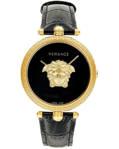 Versace 39mm Ion Plated Yellow Goldtone Stainless Steel & Croc Embossed Leather Strap Watch - White