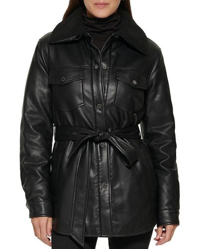 Kenneth Cole Faux Leather & Faux Shearling Belted Shirt Jacket - Black