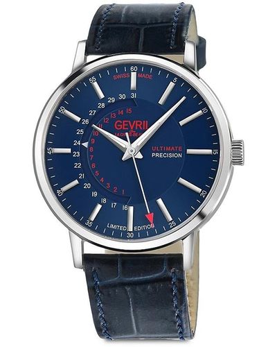 Gevril Guggenheim 40mm Stainless Steel & Leather Strap Watch - Blue