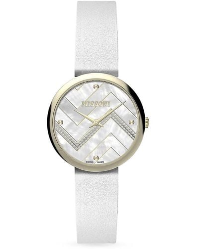 Missoni M1 34mm Stainless Steel, Mother Of Pearl, Diamond & Leather Strap Watch - Metallic