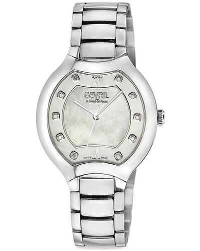 Gevril Lugano 35Mm Stainless Steel, Mother Of Pearl & Diamond Bracelet Watch - White