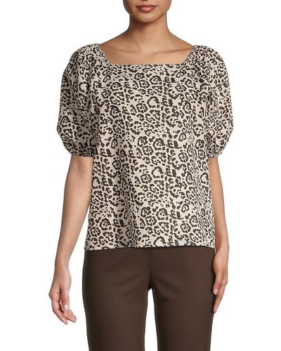 Saks Fifth Avenue Saks Fifth Avenue Print Puff-Sleeve Linen Top - Multicolour