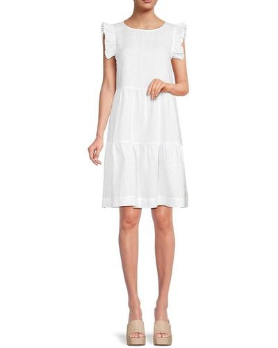 Saks Fifth Avenue 100% Linen Flutter Sleeve Tiered Mini Dress - White