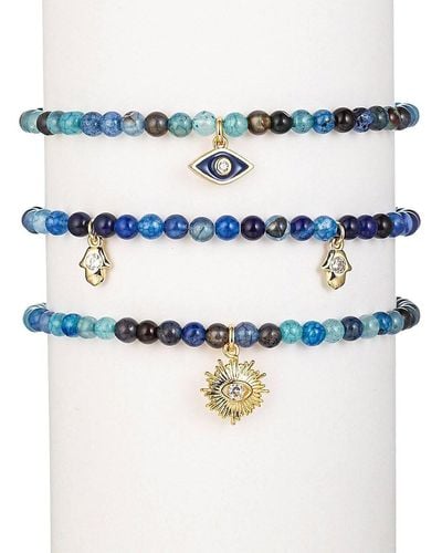 Eye Candy LA 3-piece 18k Goldplated Ella Agate Evil Eye Bracelet Set - Blue