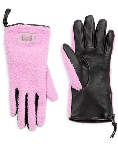 UGG Colorblock Leather & Faux Shearling Gloves - Pink
