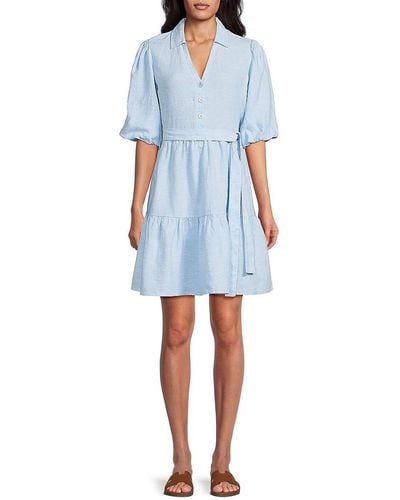 Saks Fifth Avenue Belted 100% Linen Mini Dress - Blue