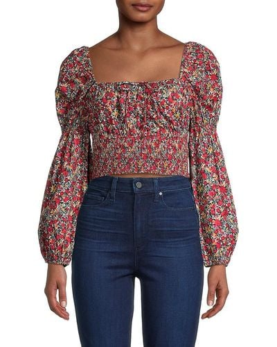 JACQUIE THE LABEL Smocked Floral Puff-sleeve Crop Top - Red
