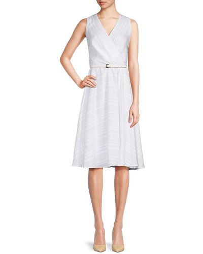 Tommy Hilfiger Striped Belted A-line Midi Dress - White