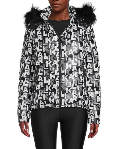 Karl Lagerfeld Faux Fur Trim Logo Down Puffer Jacket - Black
