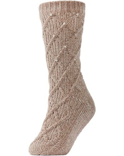 Memoi Legwear Pearl Lattice Plush -Lined Slipper Socks - Brown