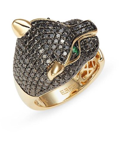 Effy 14k Yellow Gold, Black Diamond & Emerald Panther Open Ring