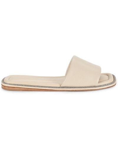 Brunello Cucinelli Beaded Trim Leather Flat Sandals - White