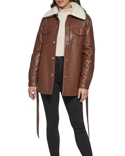 Kenneth Cole Faux Leather & Faux Shearling Belted Shirt Jacket - Brown