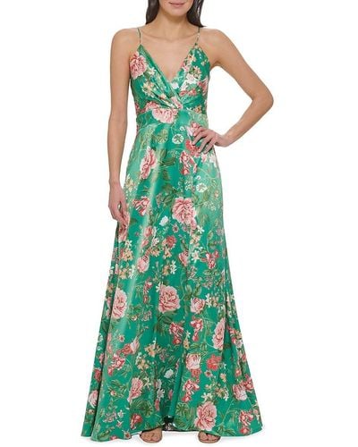 Vince Camuto Floral Satin A Line Gown - Green