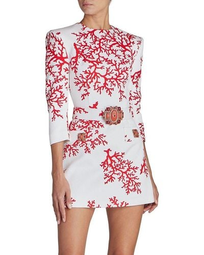 Andrew Gn Belted Coral Print & Stone-embellished Dress - Red
