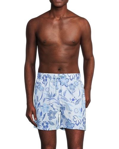 Vintage Summer Floral Print Drawstring Swim Shorts - Blue