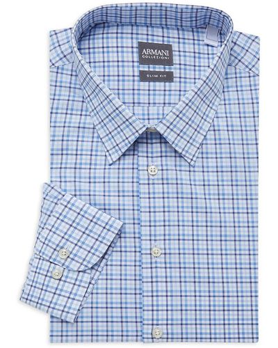 Armani Slim-fit Checker-print Dress Shirt - Blue